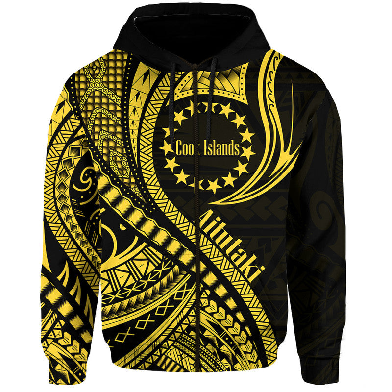 Custom Personalised Aitutaki Cook Islands Hoodie Gold Polynesian Wave Style - Wonder Print Shop