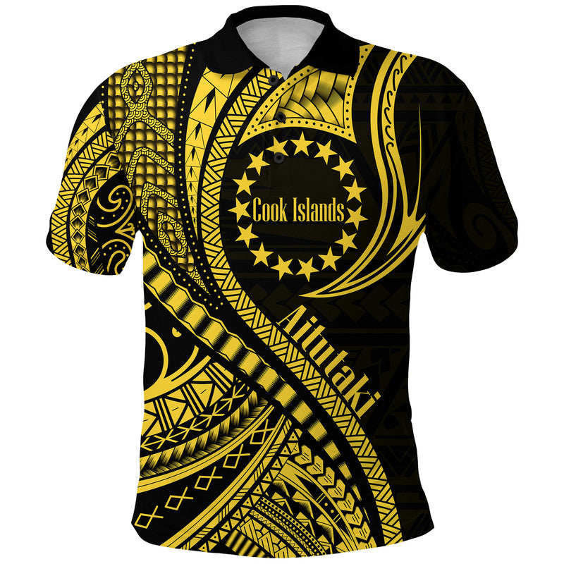 Custom Aitutaki Cook Islands Polo Shirt Gold Polynesian Wave Style - Wonder Print Shop