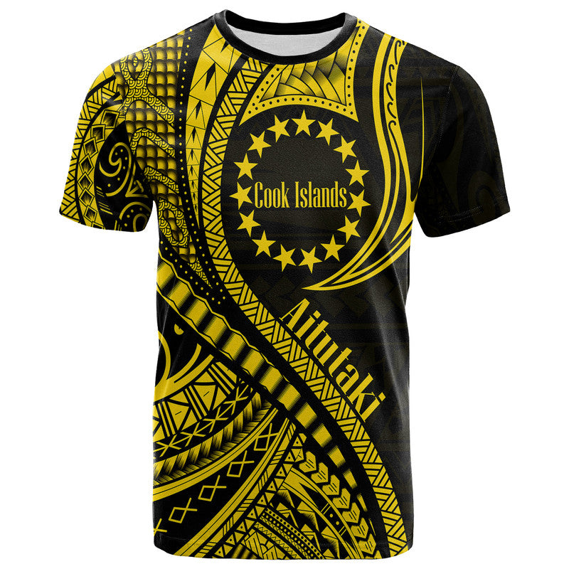 Custom Aitutaki Cook Islands T Shirt Gold Polynesian Wave Style - Wonder Print Shop