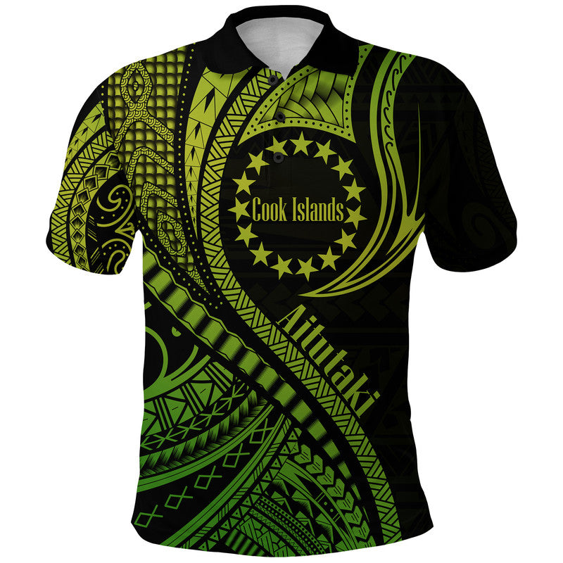 Aitutaki Cook Islands Polo Shirt Green Polynesian Wave Style - Wonder Print Shop