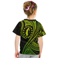 Green and black T-shirt back featuring circular "Cook Islands" emblem and Polynesian graphics
