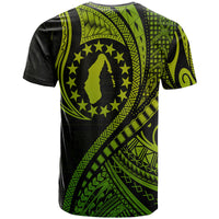 Green and black T-shirt back with circular "Cook Islands" emblem and Polynesian print