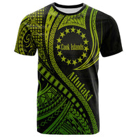 Green and black T-shirt with Polynesian wave graphic and circular Cook Islands emblem