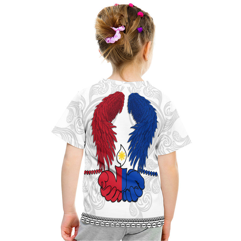 White kids T-shirt back: red and blue angel wings graphic