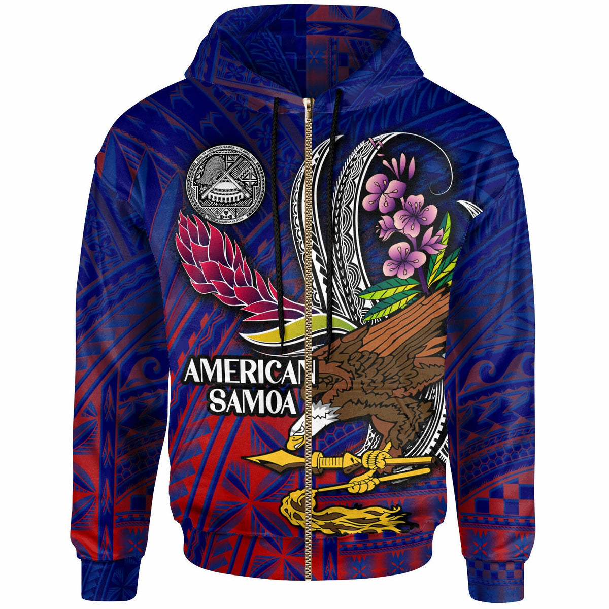 American Samoa Hoodie Custom Seal With National Flowers Polynesian Patterns LT10 - Wonder Print Shop