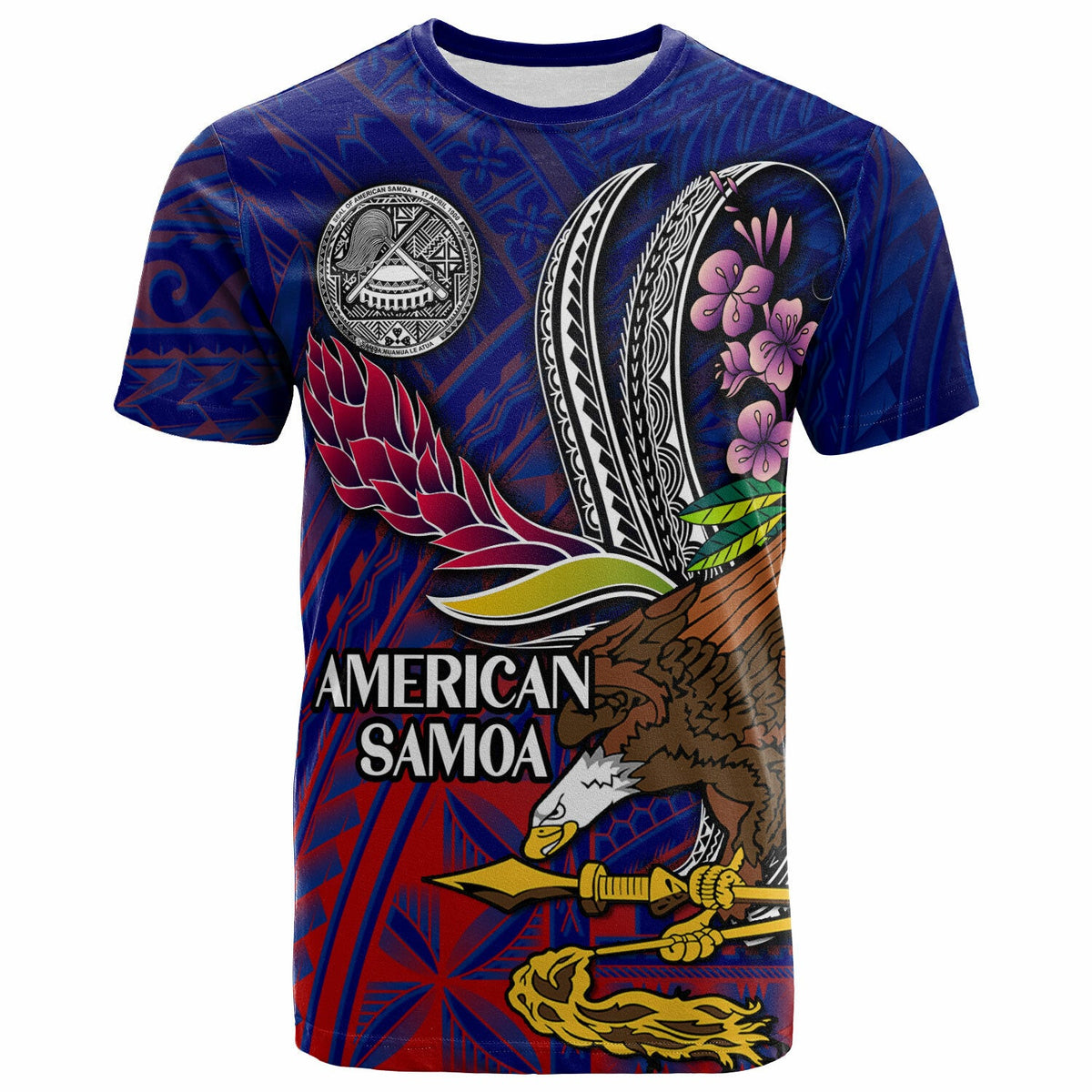 American Samoa T Shirt Custom Seal With National Flowers Polynesian Patterns LT10 - Wonder Print Shop