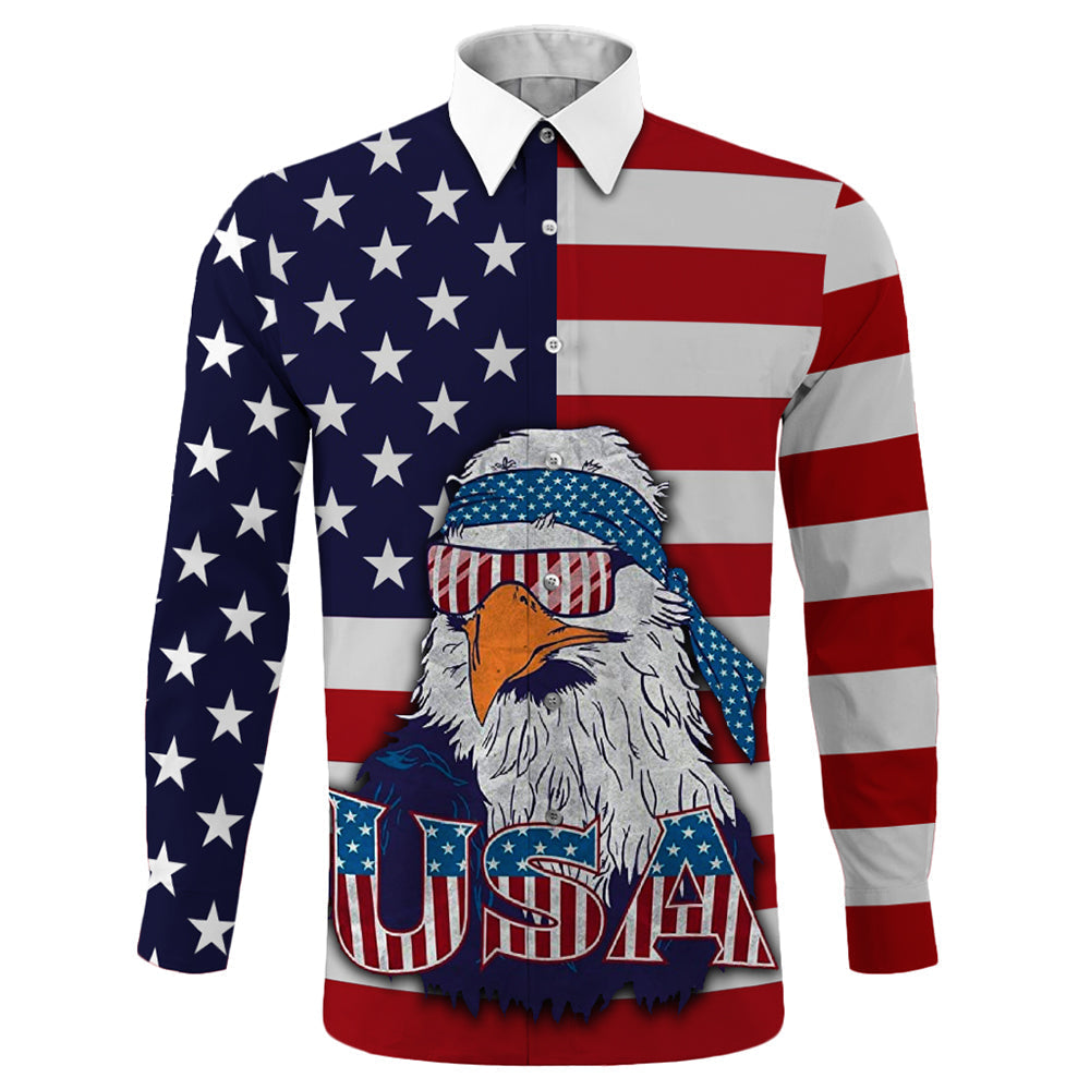 American Flag Eagle Style Long Sleeve Button Shirt RLT12 - Wonder Print Shop