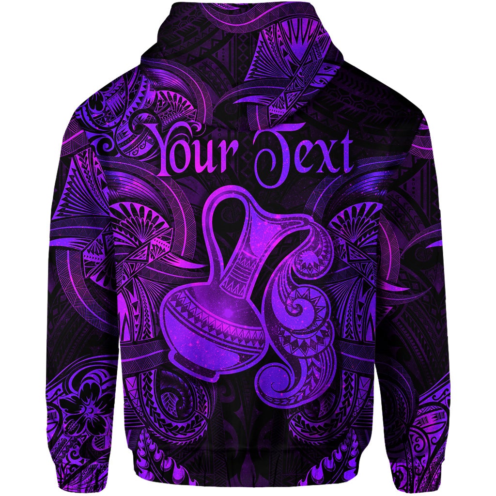 Purple back hoodie with Polynesian tribal Aquarius print and 'Your Text' text