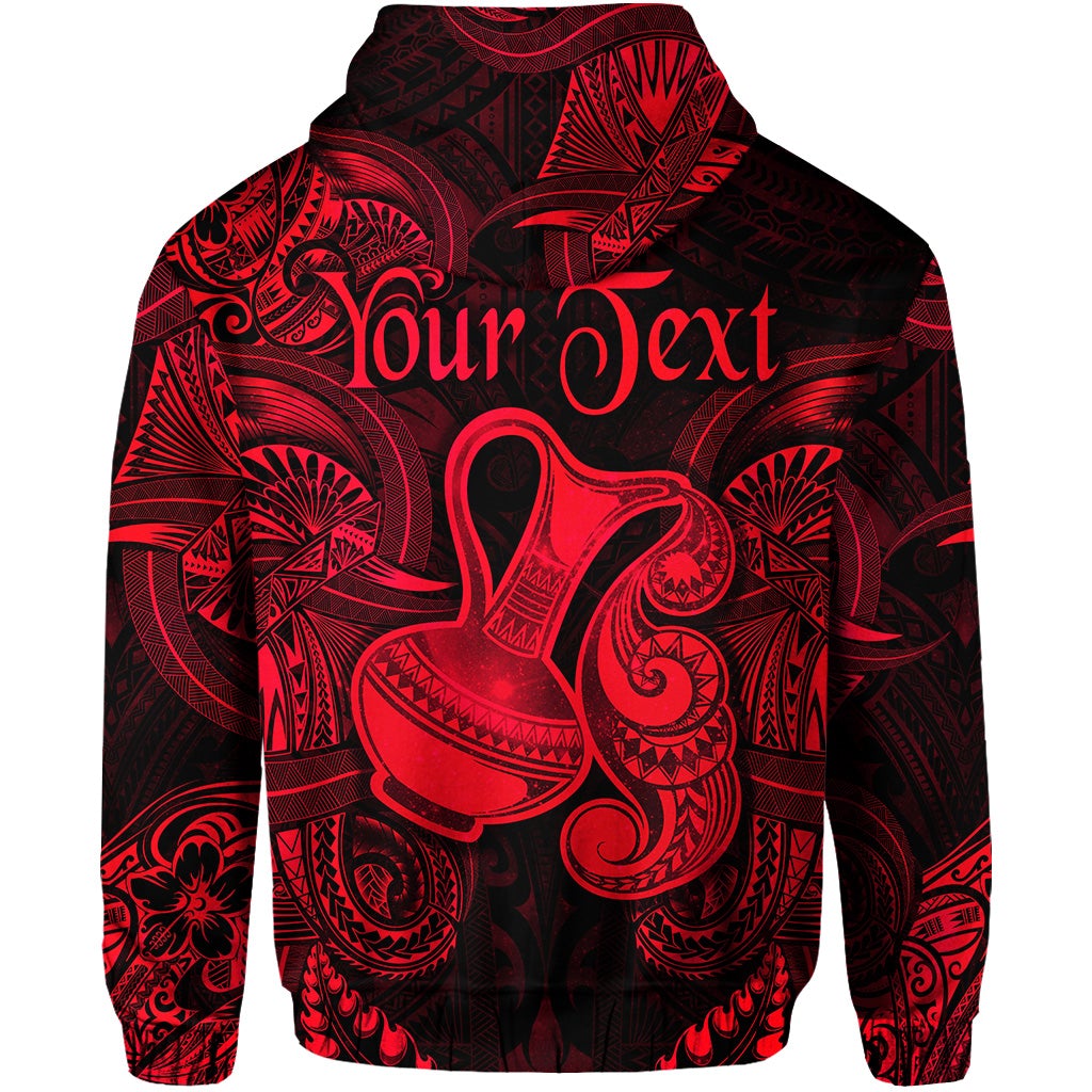 Red and black zip hoodie with ornate Polynesian-style chest graphic and hood