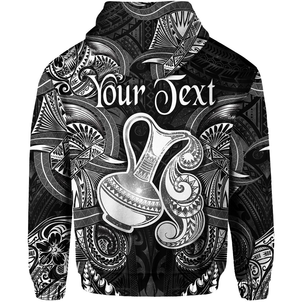 Black zip hoodie with large Polynesian-style back graphic and bold lettering