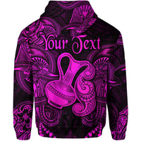 Back view: custom text Aquarius zip hoodie, bold pink tribal pattern, hood and pocket