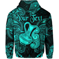 Turquoise hoodie back with Polynesian-style bird print and 'Your Text' lettering