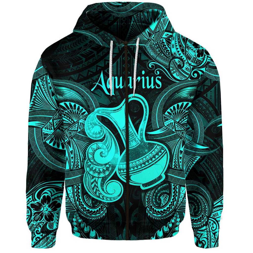 Aquarius Zodiac Polynesian Zip Hoodie Unique Style Turquoise LT8 - Wonder Print Shop