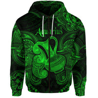 Green zip-up hoodie with Aquarius Polynesian pattern and drawstring hood