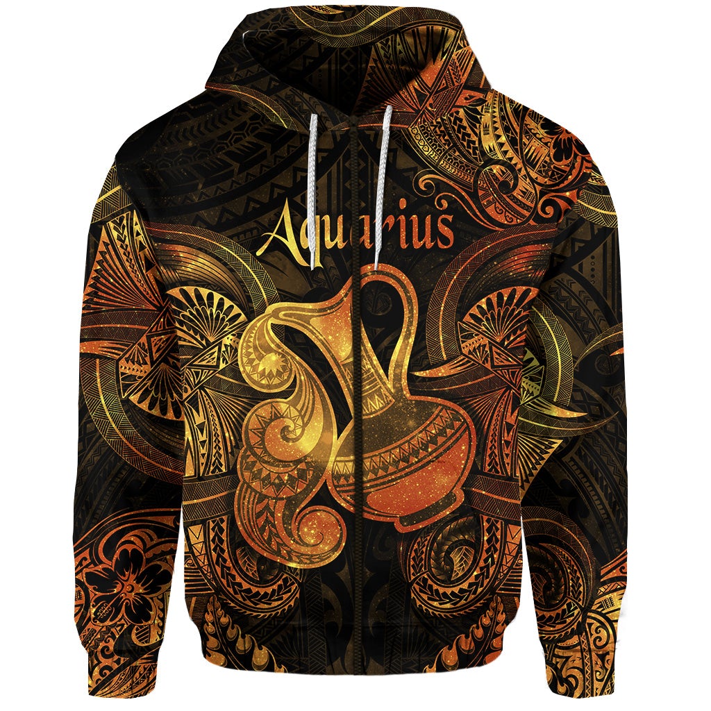 Aquarius Zodiac Polynesian Zip Hoodie Unique Style Gold LT8 - Wonder Print Shop