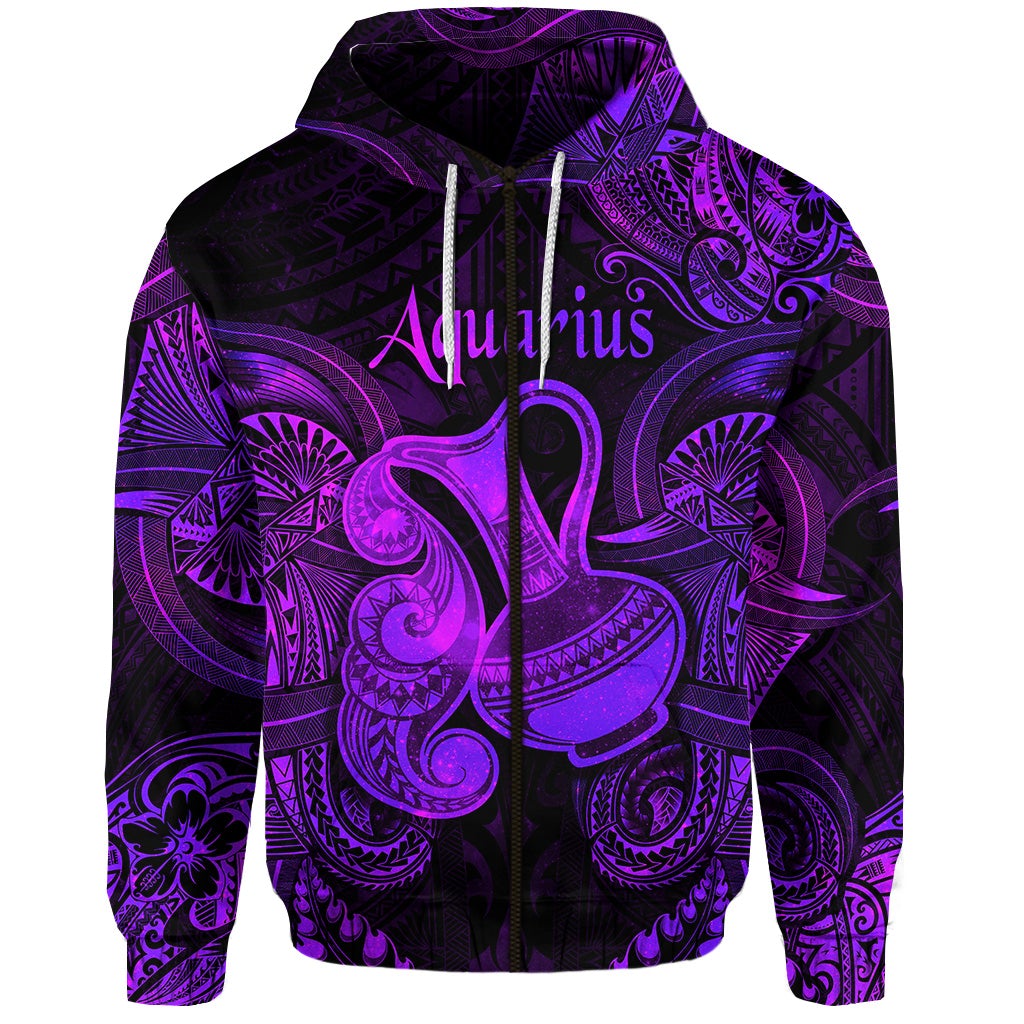 Custom Aquarius Zodiac Polynesian Zip Hoodie Unique Style Purple LT8 - Wonder Print Shop