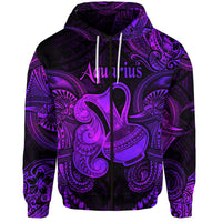Violette Zip-Hoodie mit Aquarius-Print, Kordelzug und Frontreißverschluss