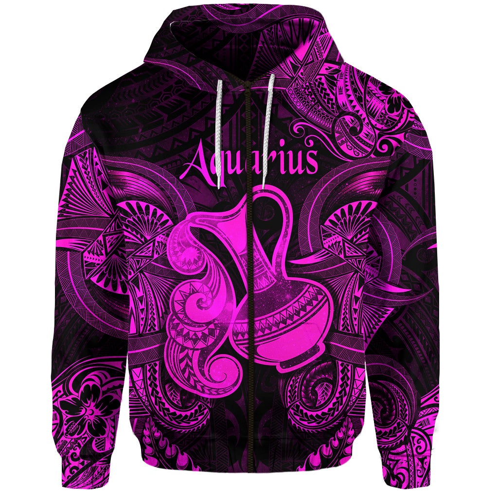 Aquarius Zodiac Polynesian Zip Hoodie Unique Style Pink LT8 - Wonder Print Shop