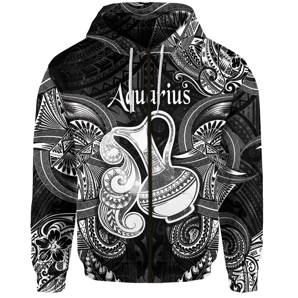 Custom Aquarius Zodiac Polynesian Zip Hoodie Unique Style Black LT8 - Wonder Print Shop