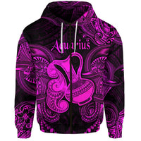 Aquarius zip hoodie with purple-pink tribal print, front kangaroo pocket, drawstring