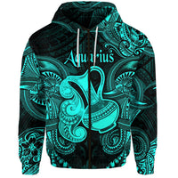 Turquoise zip hoodie with Aquarius zodiac Polynesian print, hood and drawstrings