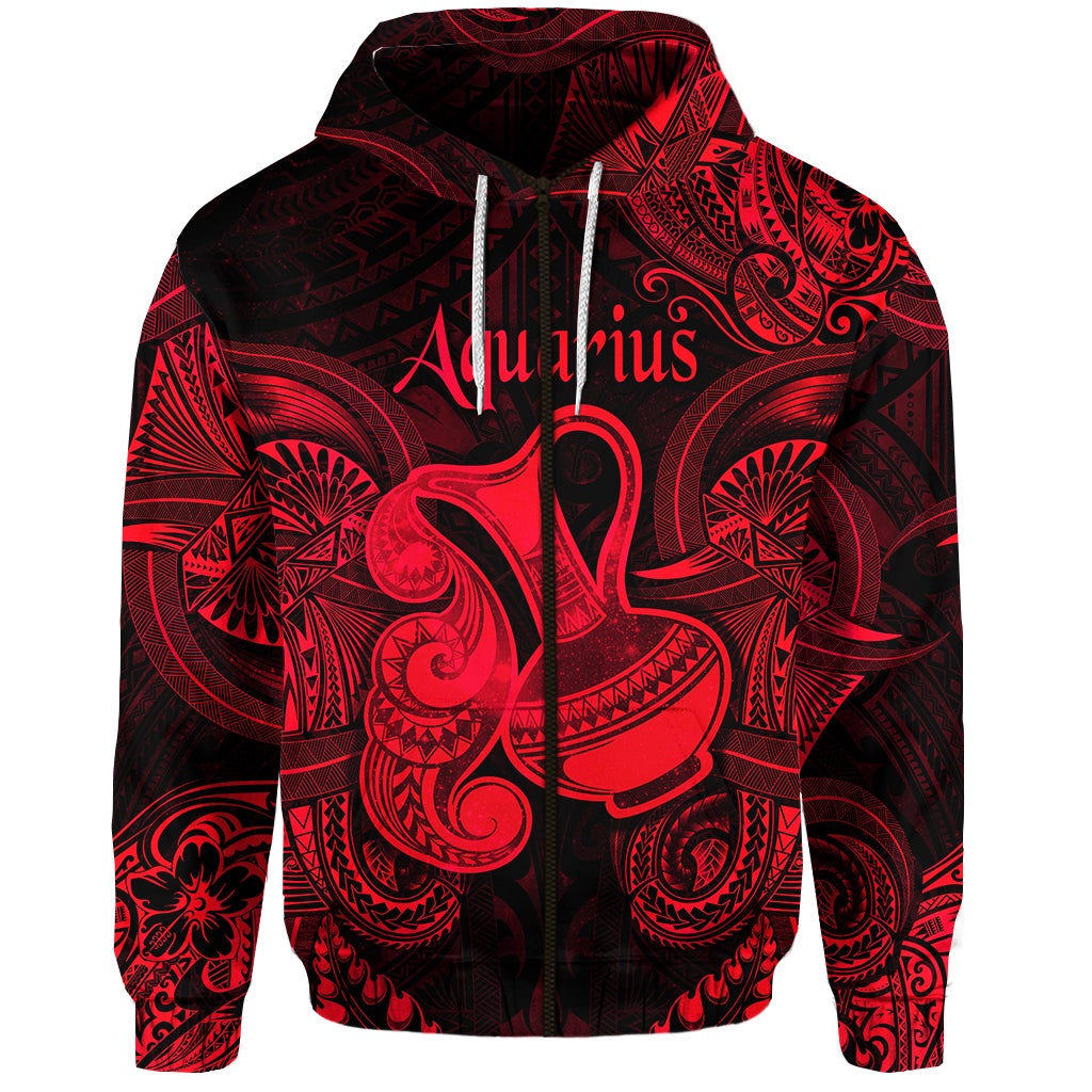 Aquarius Zodiac Polynesian Zip Hoodie Unique Style Red LT8 - Wonder Print Shop