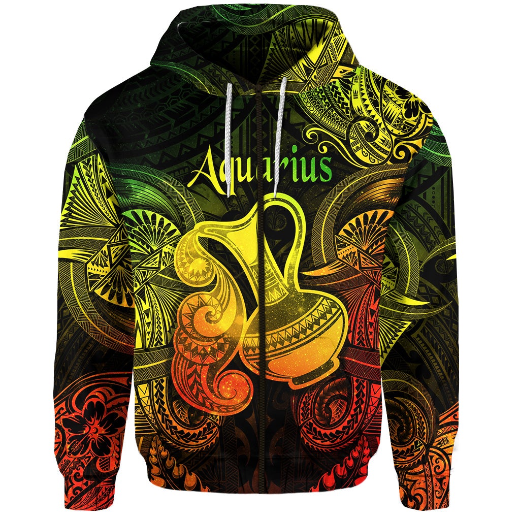 Custom Aquarius Zodiac Polynesian Zip Hoodie Unique Style Reggae LT8 - Wonder Print Shop
