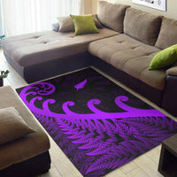 Purple floor rug with koru curves and fern leaf pattern on dark geometric background