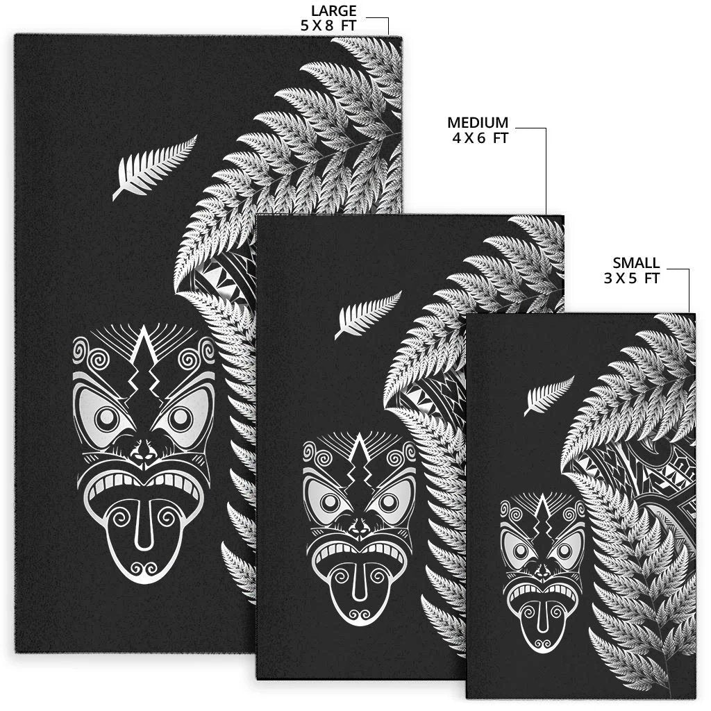 Rug sizes: large 5x8 ft, medium 4x6 ft, small 3x5 ft; black with white fern and mask