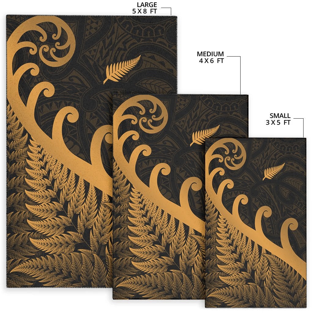 3x5, 4x6, and 5x8 ft rugs showing gold koru and fern motifs on dark
