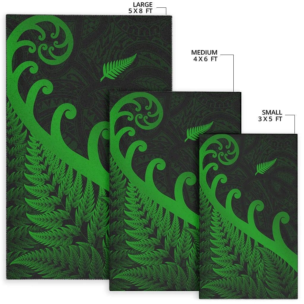 Set of green and dark koru fern rugs showing Large 5x8, Medium 4x6, Small 3x5.