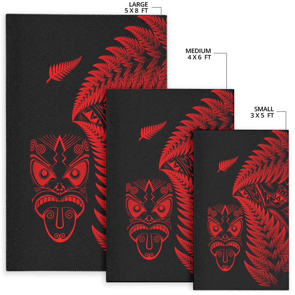 Set of black red Māori tiki rug sizes: 5x8 ft, 4x6 ft, 3x5 ft