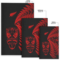 Set of black red Māori tiki rug sizes: 5x8 ft, 4x6 ft, 3x5 ft