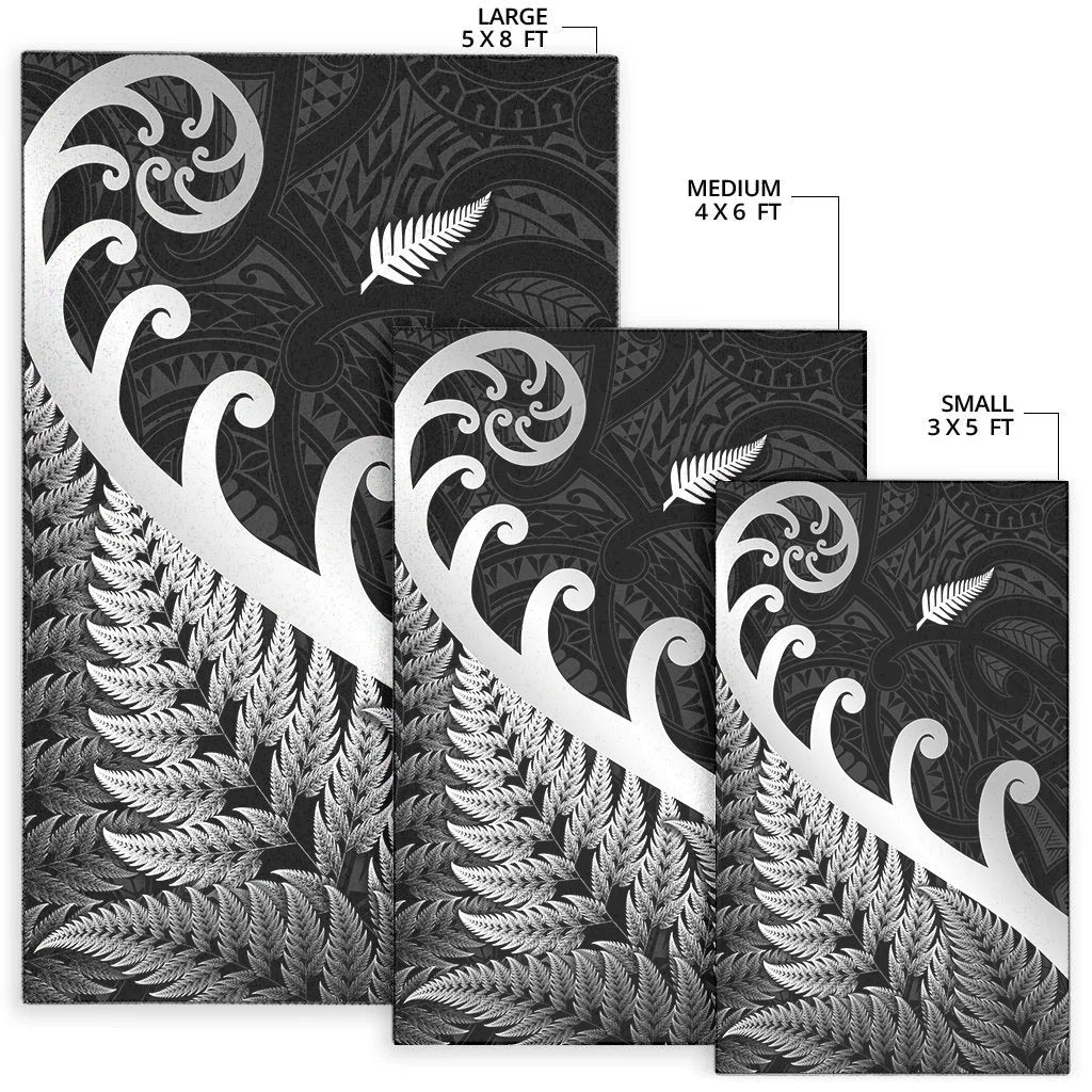 Black rug set with koru and fern motifs in small 3x5, medium 4x6, large 5x8