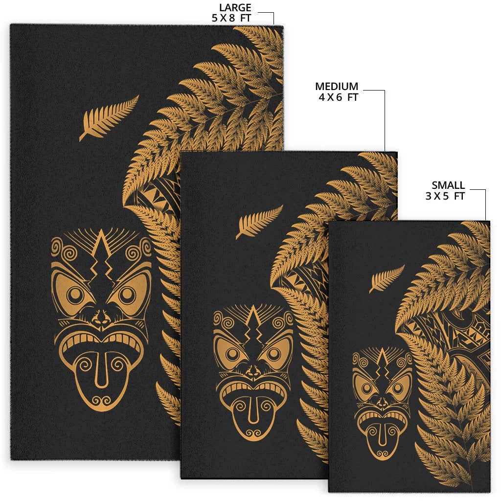 Set of black rugs with gold tiki mask and fern fronds: 5x8, 4x6, 3x5 ft