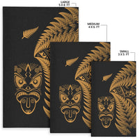 Set of black rugs with gold tiki mask and fern fronds: 5x8, 4x6, 3x5 ft