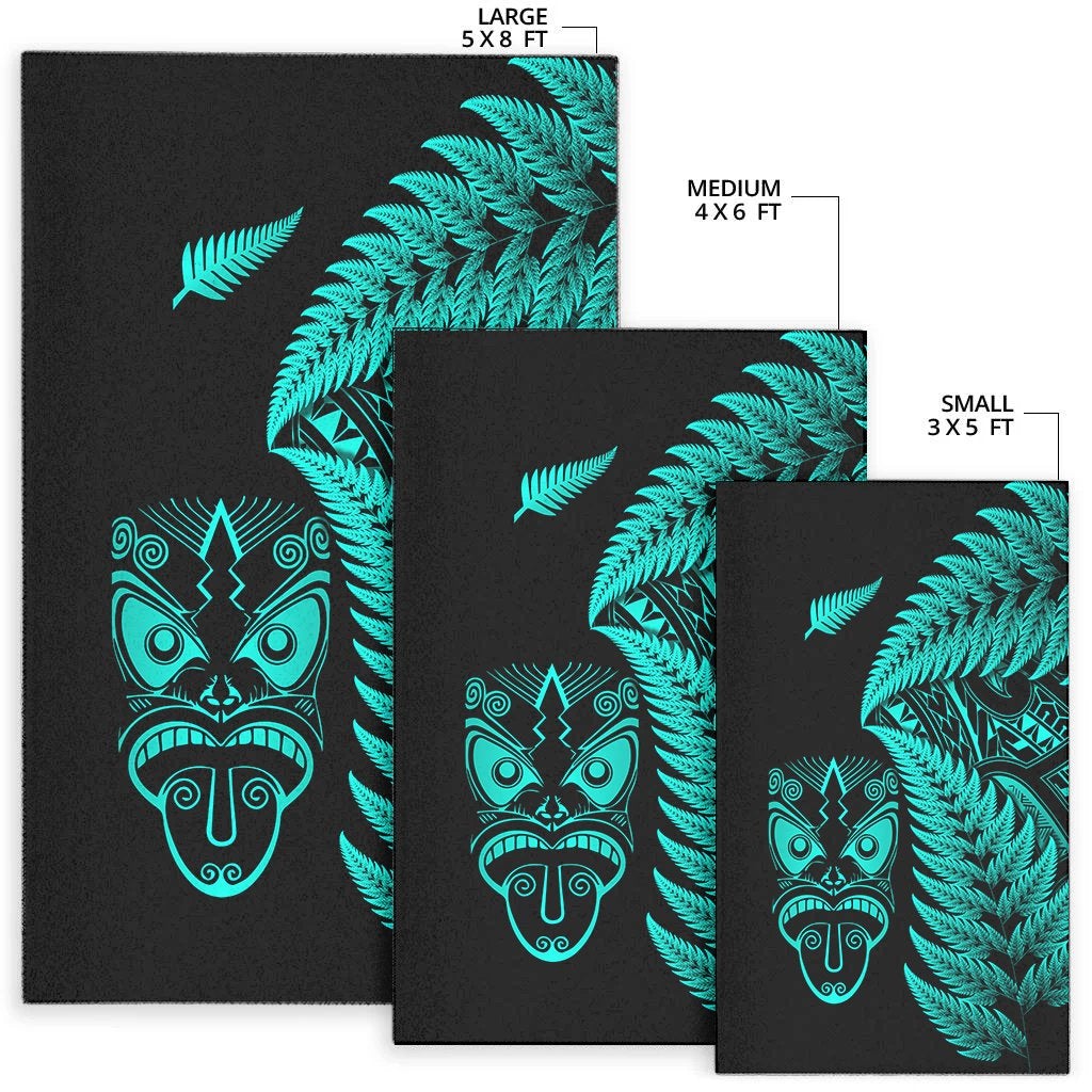 Turquoise fern and Maori mask rug sizes: large 5x8, medium 4x6, small 3x5