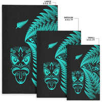 Turquoise fern and Maori mask rug sizes: large 5x8, medium 4x6, small 3x5