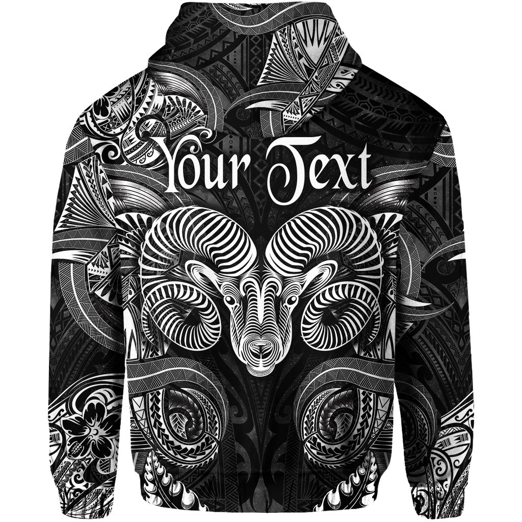 Black Polynesian hoodie with hood and pocket, ram face and “Your Text” on upper back