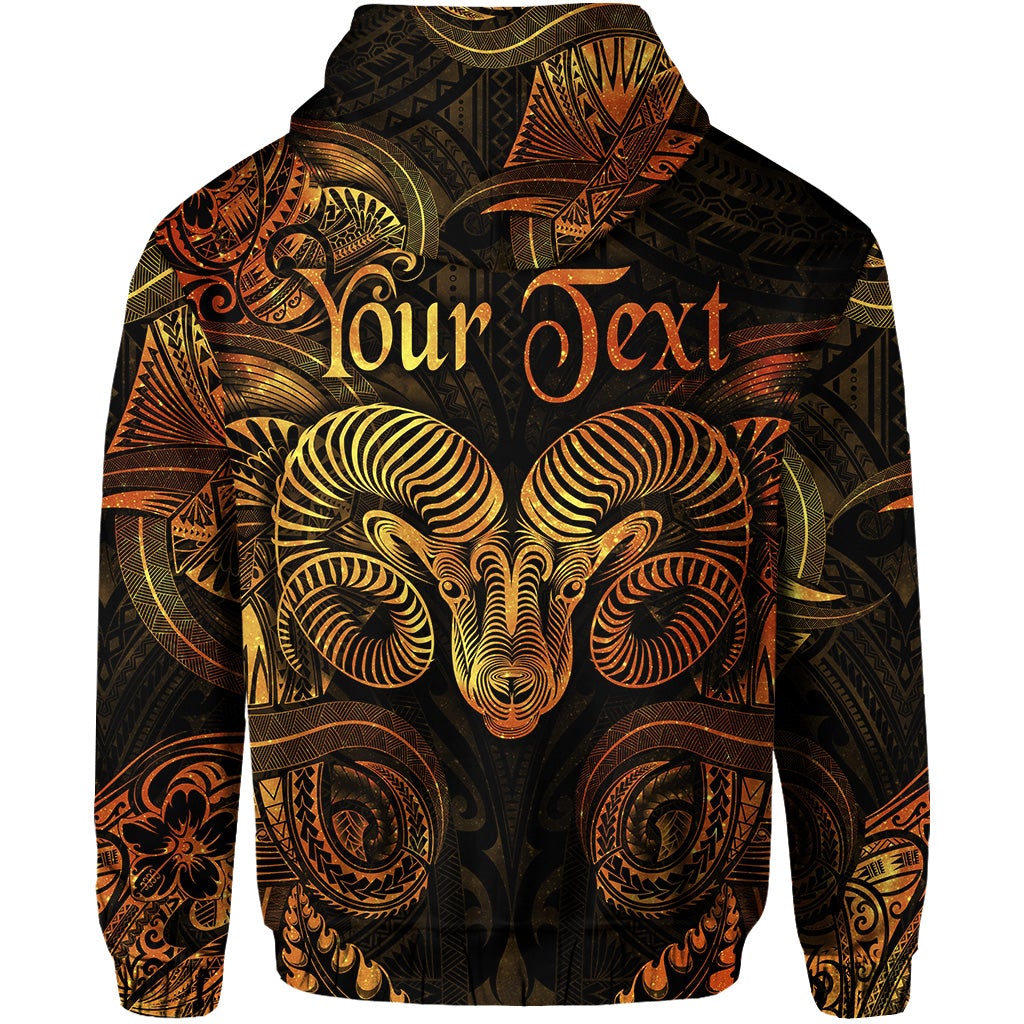 Gold Aries zodiac zip hoodie back with ram face and “Your Text”