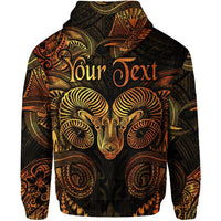 Gold Aries zodiac zip hoodie back with ram face and “Your Text”