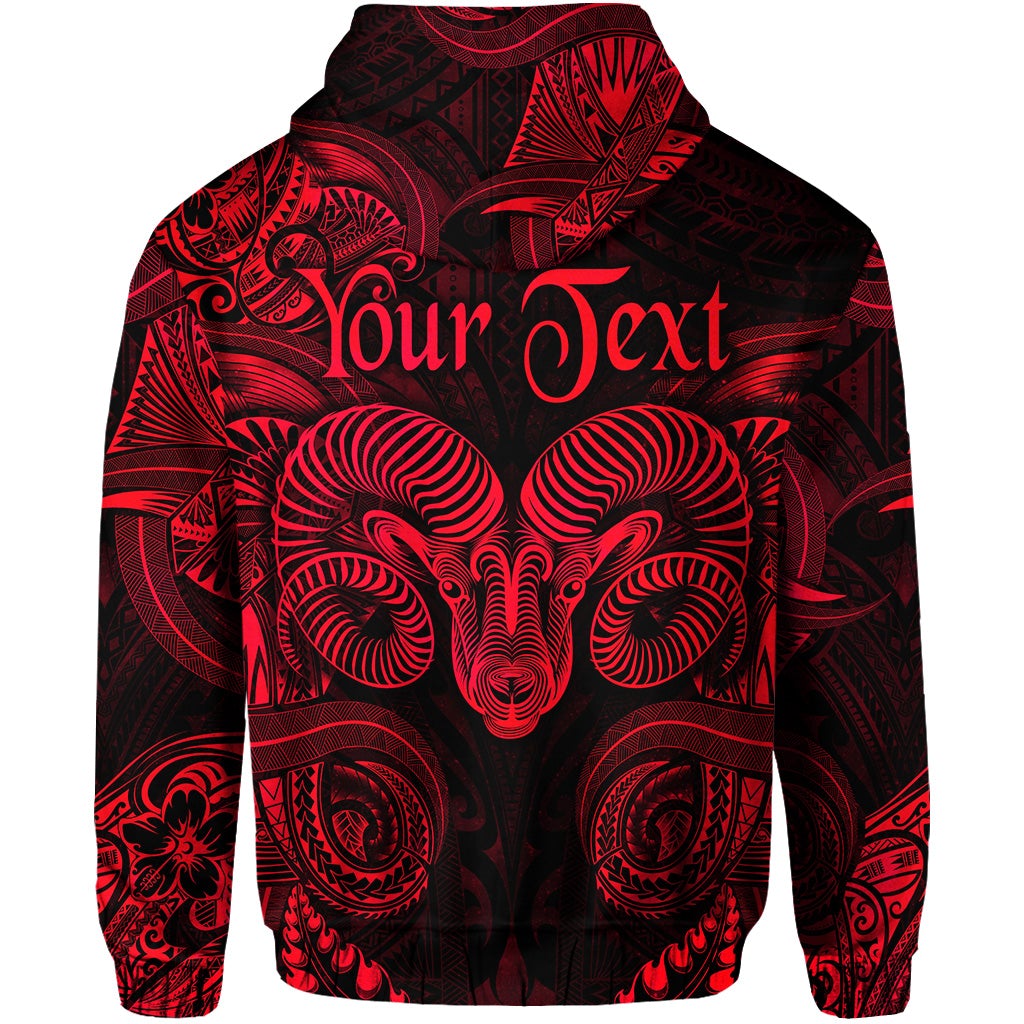 Red zip hoodie back with ram head graphic and customizable text on hood