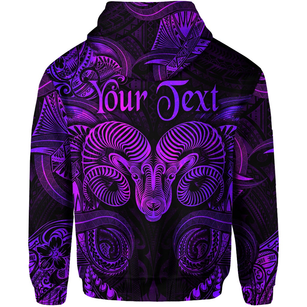 Purple zip hoodie back view with Aries ram head design and Polynesian-style motifs