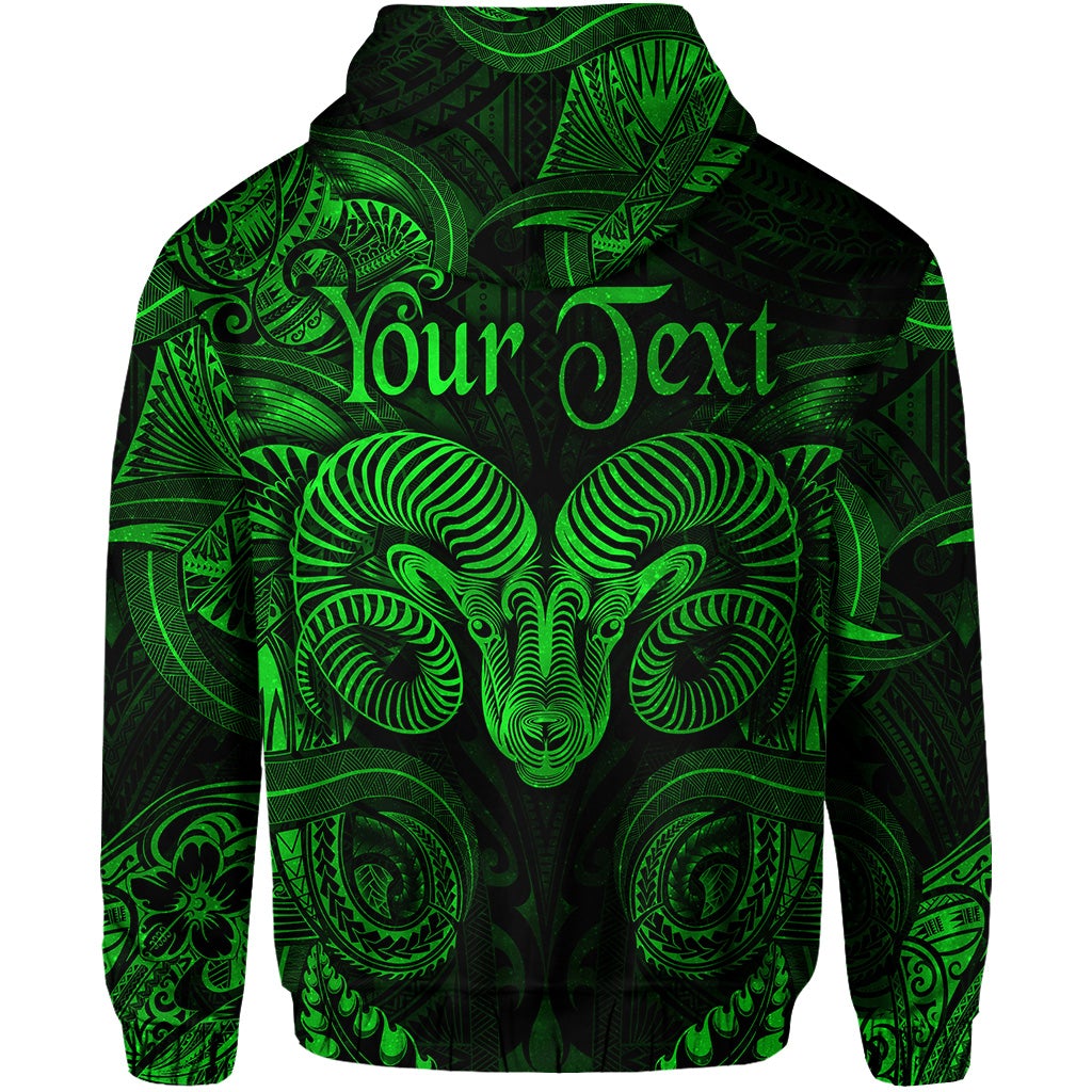 Green zip hoodie back with Polynesian Aries ram and “Your Text” area