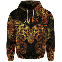 Gold Aries zodiac Polynesian hoodie with ornate ram face graphic, front view