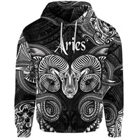Black Aries zodiac Polynesian hoodie: hood, front pocket, ram face with “Aries” print