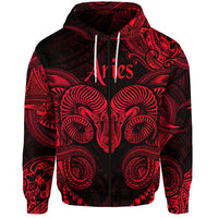 Red Aries zip hoodie with Polynesian ram face graphic and front zipper