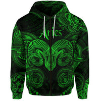 Green zip hoodie with Aries ram face Polynesian pattern, front full view