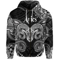 Black zip hoodie with Aries ram Polynesian-style front print and hood zipper