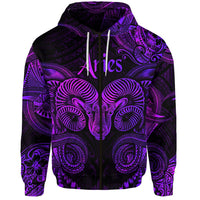 Purple zip hoodie with Aries zodiac ram face graphic, tribal pattern, front view